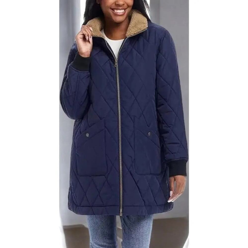 Weatherproof Vintage Sherpa Lined Quilted Long Coat Jacket Blue Size L